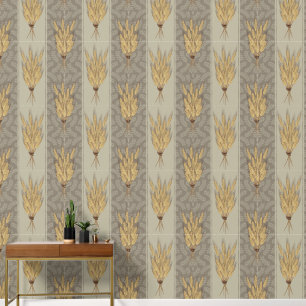 Maximalist Wheat and Leaves Pattern - Greige Beige Wallpaper