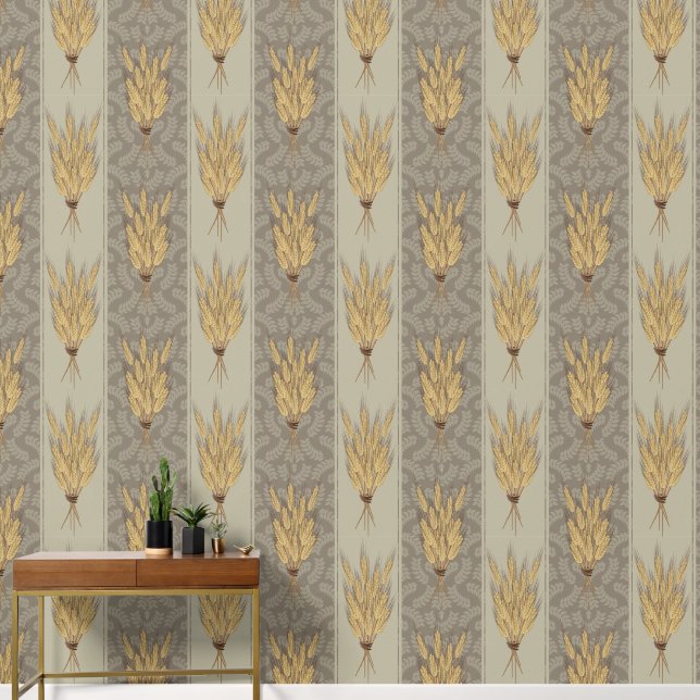 Maximalist Wheat and Leaves Pattern - Greige Beige Wallpaper (Hallway)