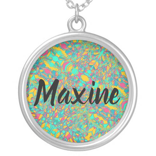 maxine with abstract art background and calligraph silver plated necklace