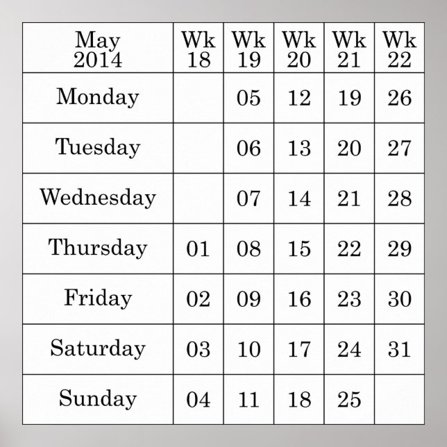 May 2014 Calendar numbered weeks Poster (Front)