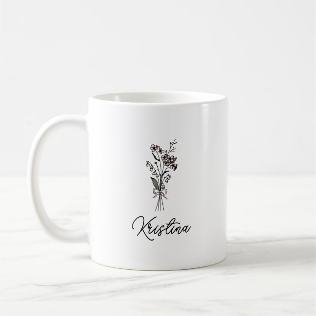 May Birth Flower & Elegant Script Name Coffee Mug (Left)