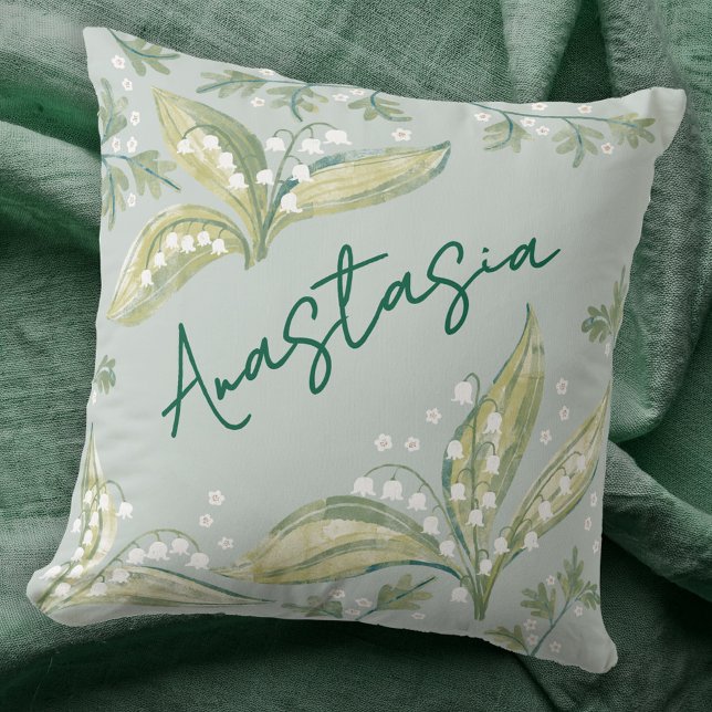 May Birth Month Daffodil Personalized Throw Pillow (May birthday personalized custom name birth month flower lily of the valley hawthorn throw pillow)