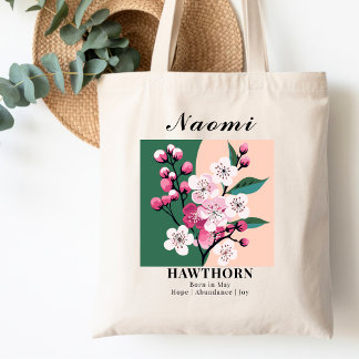 May Birth Month Flower Hawthorn Color Block Cotton Tote Bag