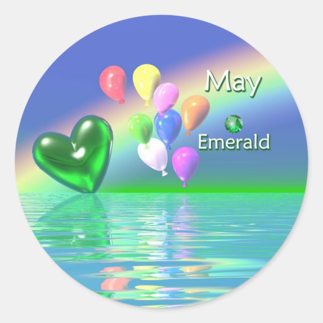 May Birthday Emerald Heart Classic Round Sticker (Front)