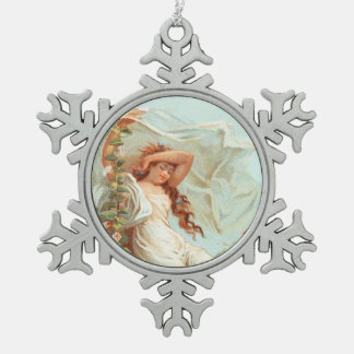 May Christmas be Bright and Happy, Antique Card Snowflake Pewter Christmas Ornament