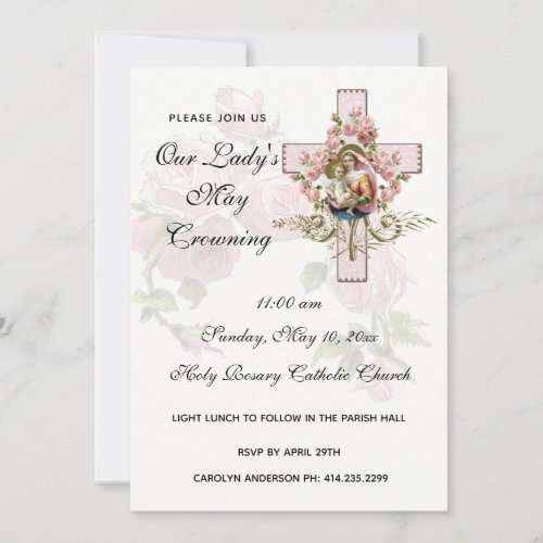 May Crowning Virgin Mary Religious Pink Roses Invi Invitation