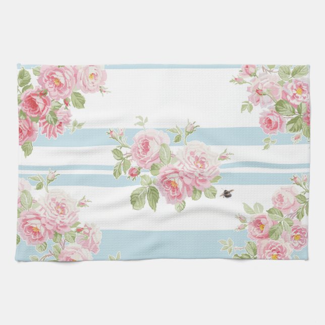 May Day Summer Roses aqua stripe Kitchen Towel (Horizontal)