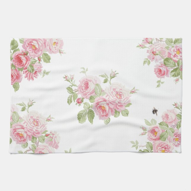 May Day Summer Roses bleached Linen Kitchen Towel (Horizontal)