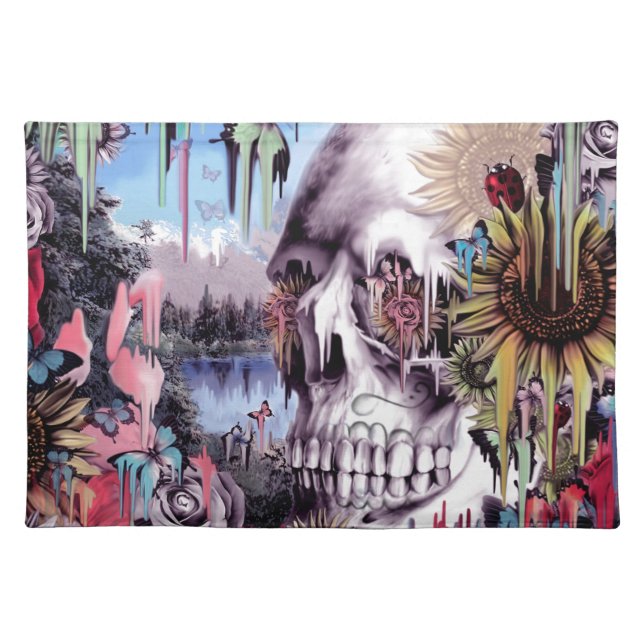May flowers, melting landscape skull cloth placemat (Front)