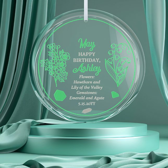 May Hawthorn |Lily of the Valley Birthday Keepsake Glass Ornament (May Hawthorne and Lily of the Valley Floral | Emerald and Agate Gemstones Birthday Keepsake Ornament)