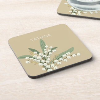 May Lily of the Valley Floral Bouquet Custom Name Beverage Coaster