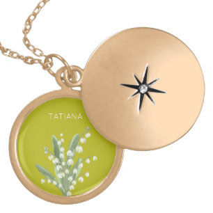 May Lily of the Valley Floral Bouquet Custom Name Gold Plated Necklace
