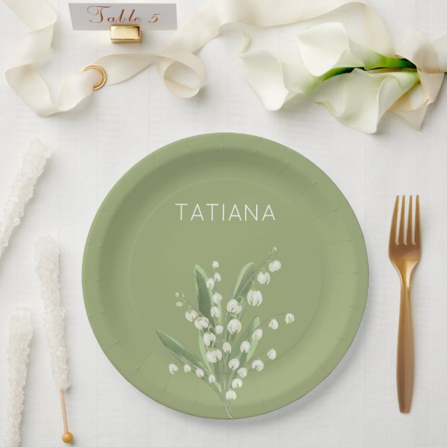May Lily of the Valley Floral Bouquet Custom Name  Paper Plates (Wedding)