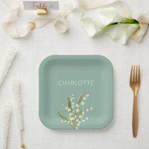 May Lily of the Valley Floral Bouquet Custom Name Paper Plates