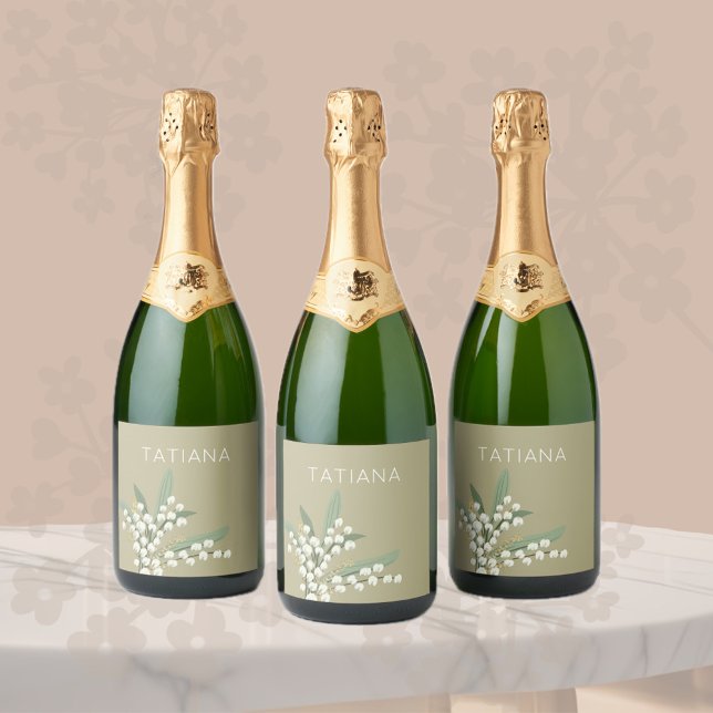 May Lily of the Valley Floral Bouquet Custom Name Sparkling Wine Label (Creator Uploaded)