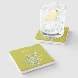 May Lily of the Valley Floral Bouquet Custom Name Stone Coaster
