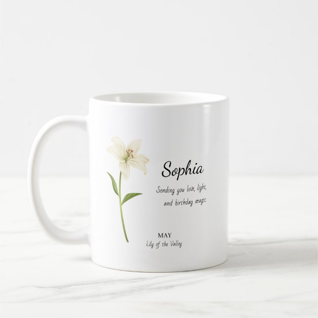 May Lily of the Valley Personalized Birthday Coffee Mug (Left)