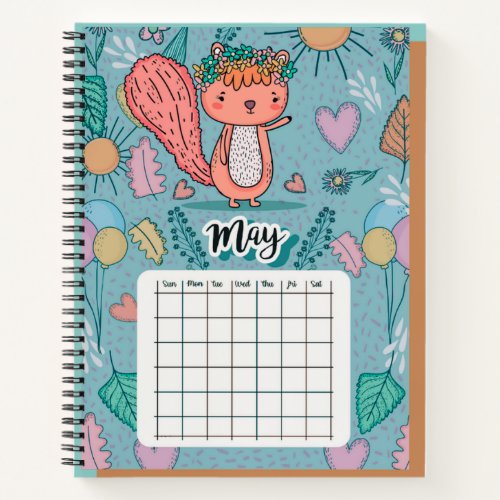 May Month Cute Squirrel Hearts and Flowers Notebook
