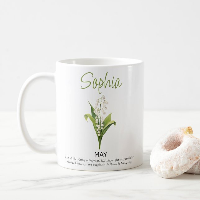 May Personalized Birth Flower  Coffee Mug (With Donut)