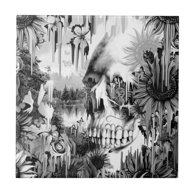 May showers melting floral skull in grey ceramic tile (Front)