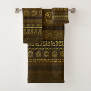 Maya Calendar Glyphs pattern Gold on Brown Bath Towel Set