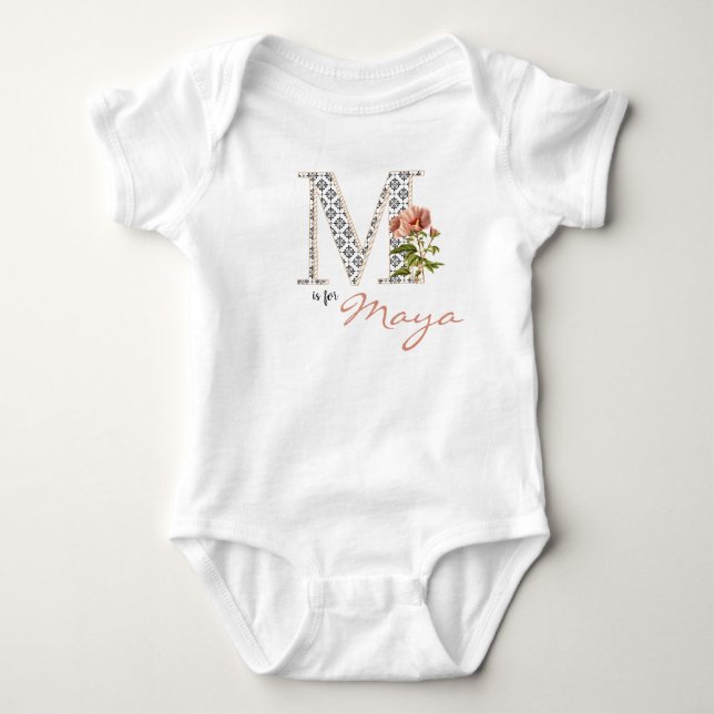 Maya Name Reveal Floral Letter M Girl Flower Baby Bodysuit (Front)