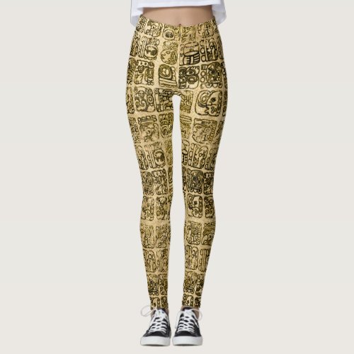 Mayan and aztec glyphs gold on vintage texture leggings