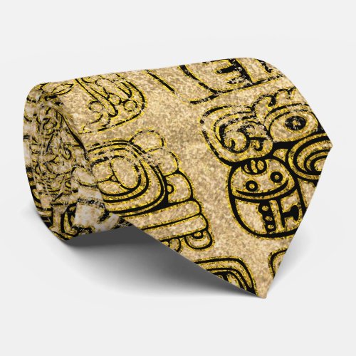 Mayan and aztec glyphs gold on vintage texture neck tie