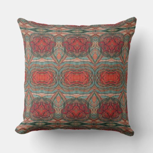 Mayan Damask Red Coral Teal Green Ornate Abstract Throw Pillow