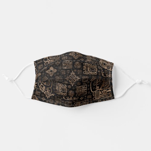 Mayan glyphs and ornaments pattern _gold on black adult cloth face mask