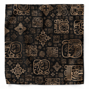 Mayan glyphs and ornaments pattern -gold on black bandana