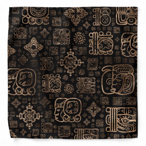 Mayan glyphs and ornaments pattern _gold on black bandana