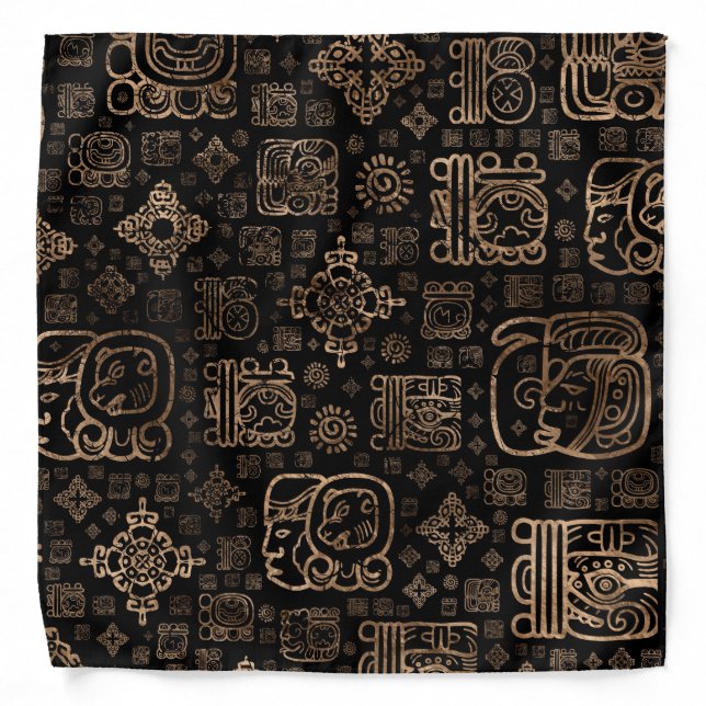 Mayan glyphs and ornaments pattern -gold on black bandana (Front)