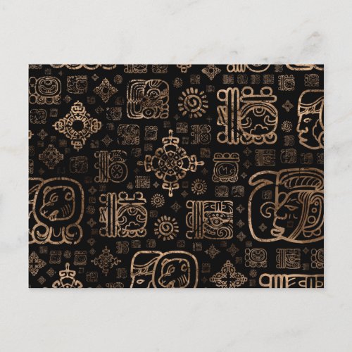 Mayan glyphs and ornaments pattern _gold on black postcard