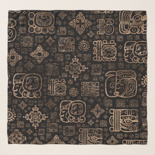 Mayan glyphs and ornaments pattern _gold on black scarf