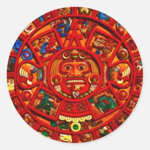 MAYAN Sun Calendar of Mexico Red version Classic Round Sticker