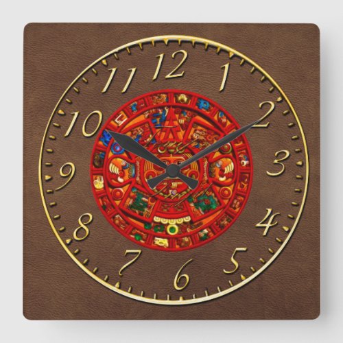 Mayan Sun Disk on Faux Leather Aztec History Clock