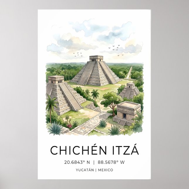 Mayan Travel Art Print, Chichen Itza Pyramid, Palm Poster (Front)