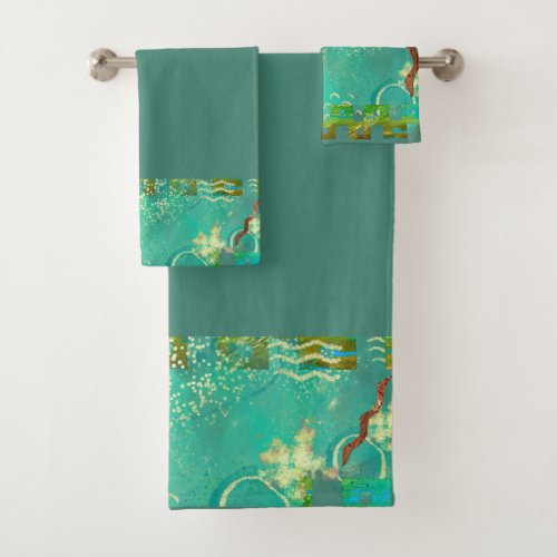 Mayan Turquoise  Gold Mexican Boho Bath Towel Set