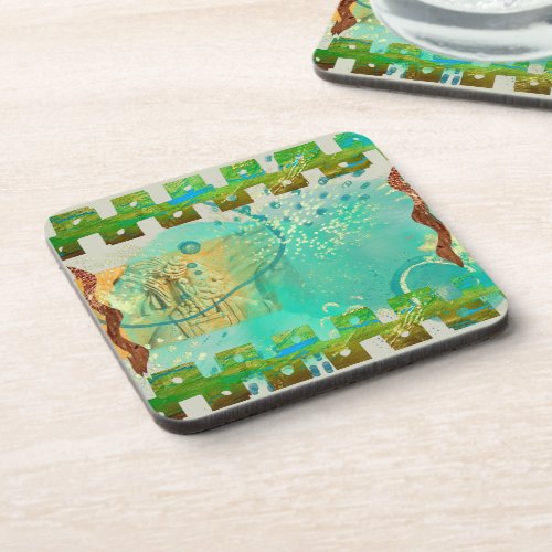 Mayan Turquoise  Gold Mexican Boho Beverage Coaster