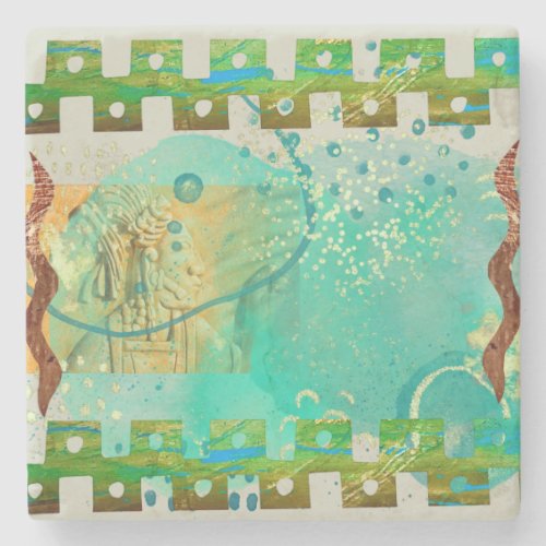 Mayan Turquoise  Gold Mexican Boho Stone Coaster