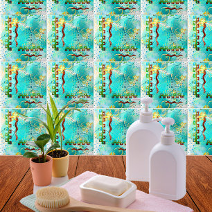 Mayan Turquoise & Golden Misty Sky Ceramic Tile