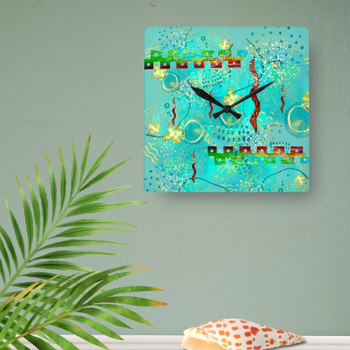 Mayan Turquoise  Golden Misty Sky Square Wall Clock