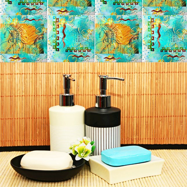 Mayan Warrior Turquoise & Golden Misty Sky Ceramic Tile (Creator Uploaded)