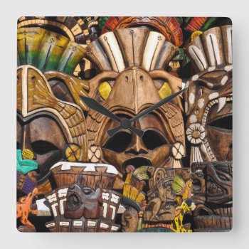 Mayan Wooden Masks In Mexico Square Wall Clock by bbourdages at Zazzle
