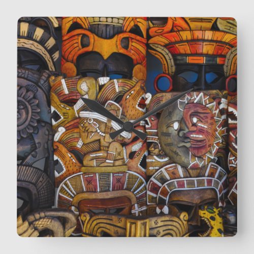 Mayan Wooden Masks in Mexico Square Wall Clock