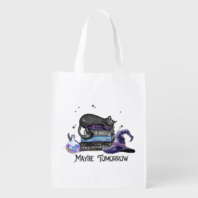 Maybe Tomorrow – Black Cat, Books & Witchy Vibes Grocery Bag (Front)