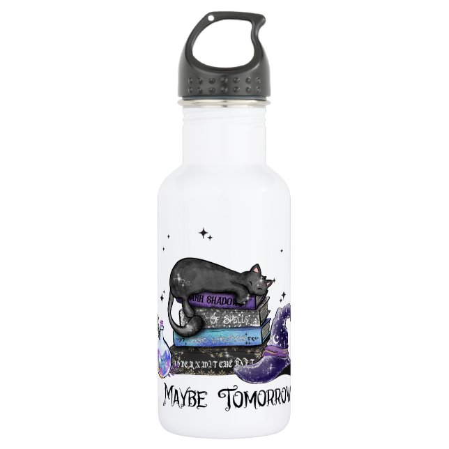 Maybe Tomorrow – Black Cat, Books & Witchy Vibes Stainless Steel Water Bottle (Front)