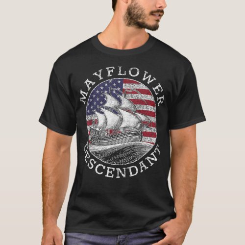Mayflower Descendant USA Flag Distressed   T_Shirt
