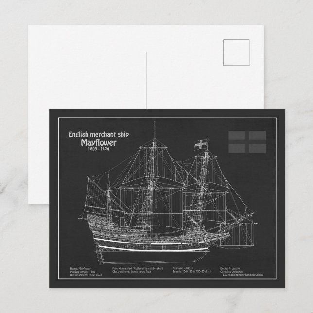 Mayflower - Ship Blueprint Plans PD Postcard (Front/Back)